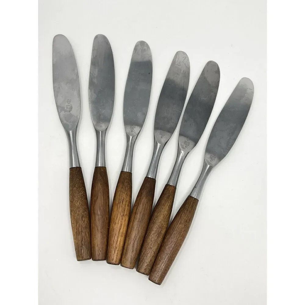 Dansk FJORD Dinner Knives Teak Handle Stainless Steel Germany 8 3/8” Set Of 6